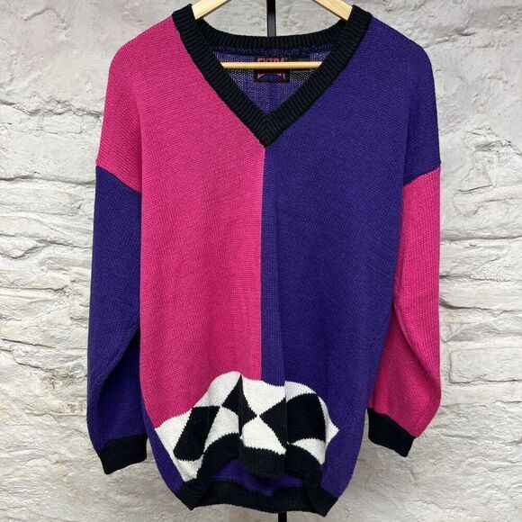 Vtg 80s 90s Color Block Colorful Sweater Womens Funky Pink Purple Ramie Cotton - Picture 1 of 7